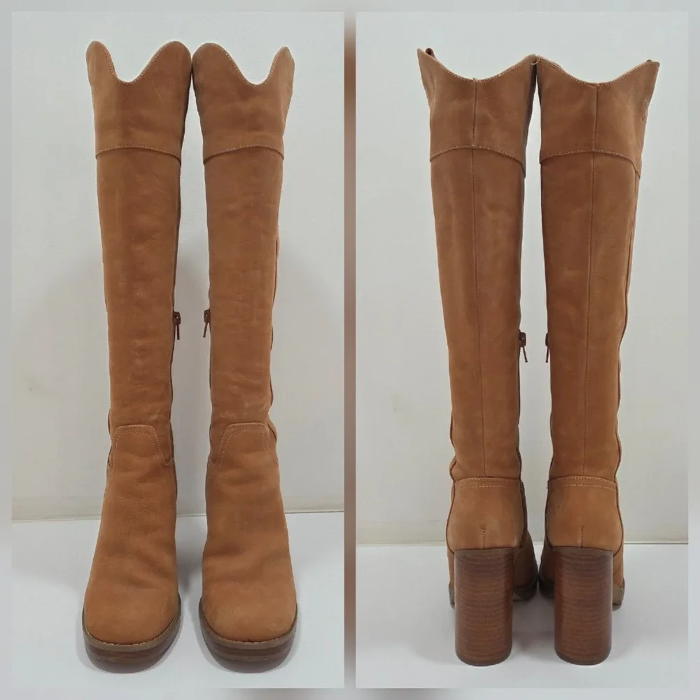 JLO Jennifer Lopez Parid Over The Knee Boots Block Heels Tan Brown Suede US 6M